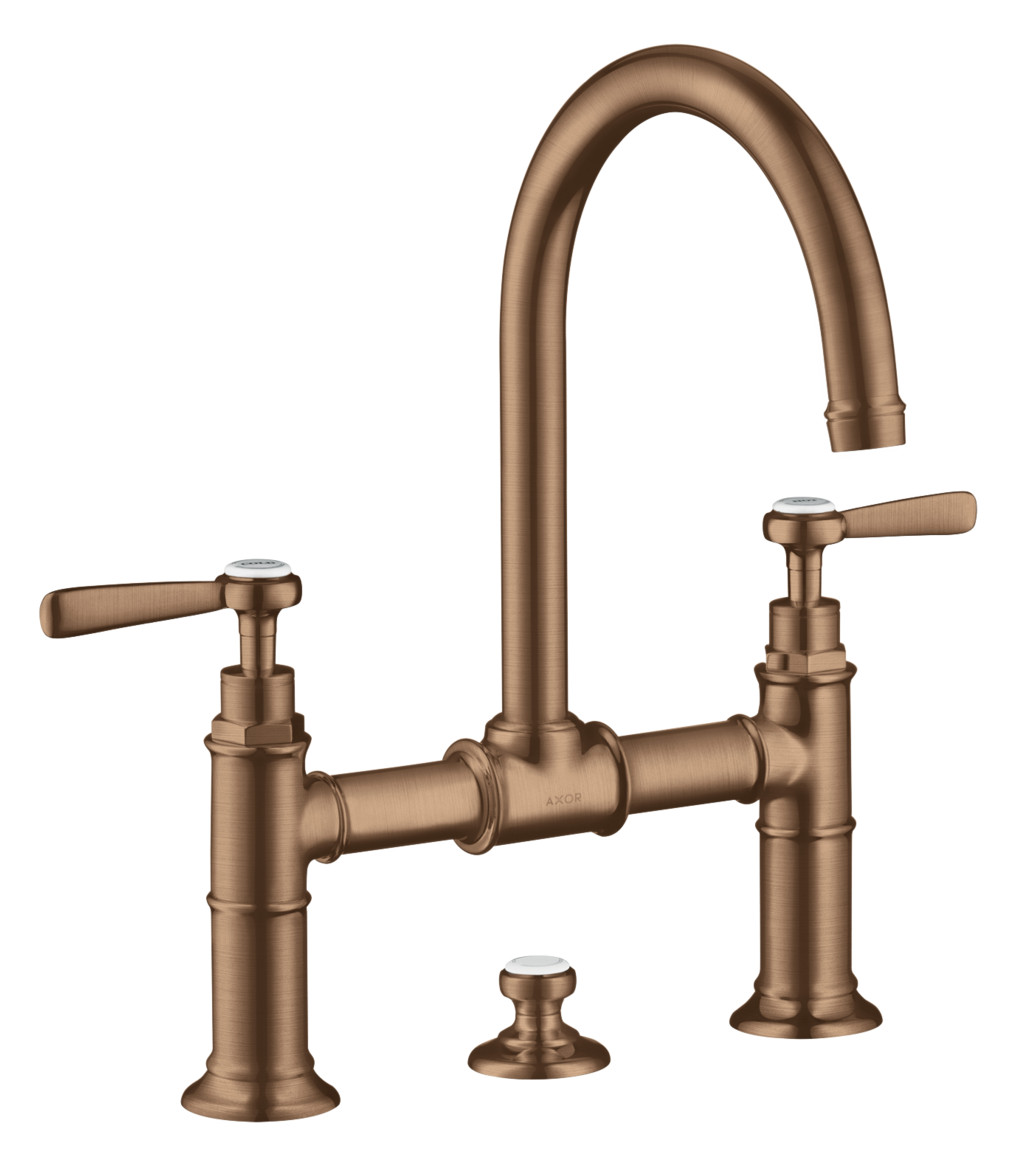 hansgrohe 2-Griff-Waschtisch-Brücken-Armatur 220 Axor Montreux Ausladung 175mm, mit Hebelgriffe, Zugstangen-Ablaufgarnitur, brushed red gold