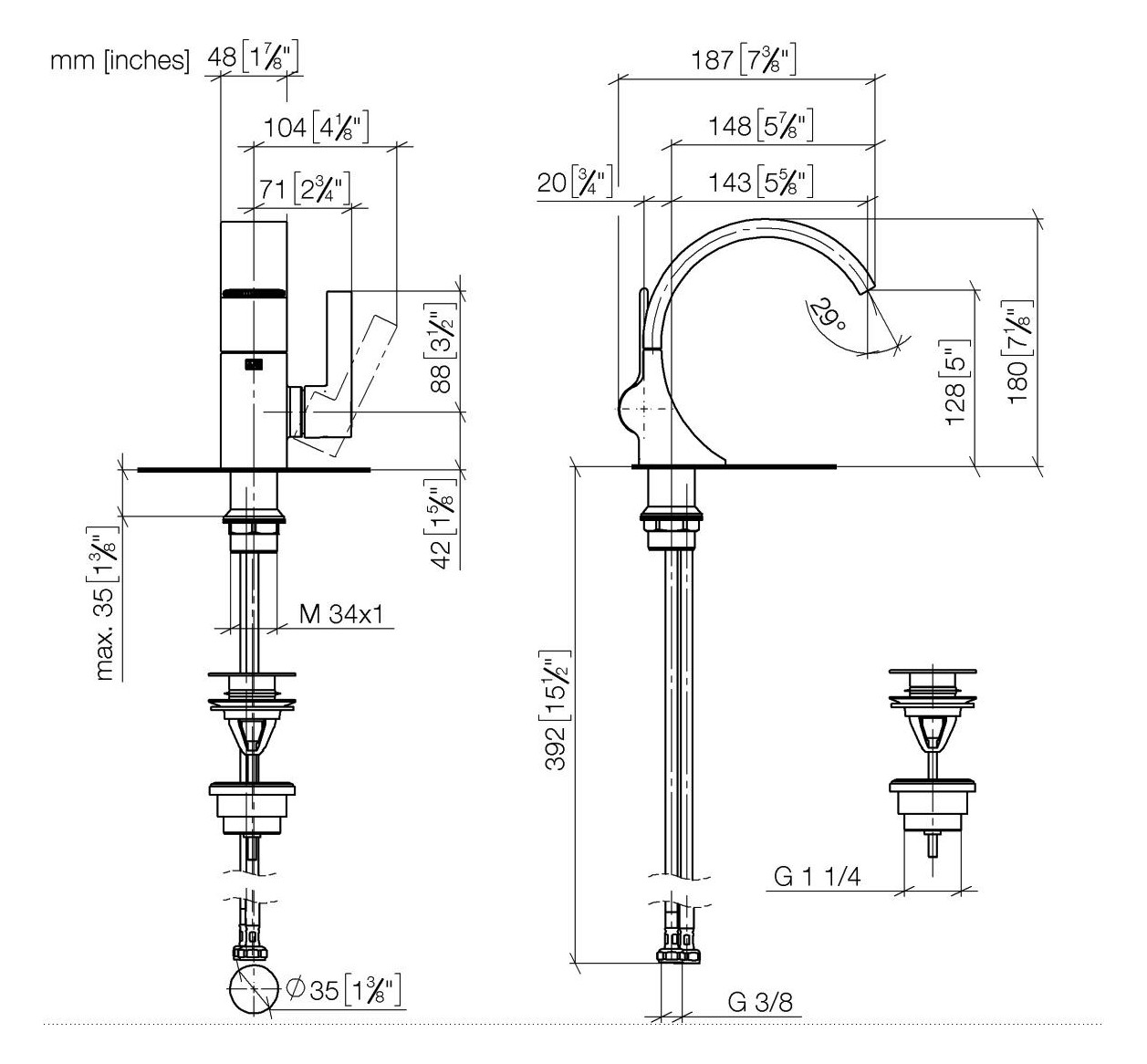 Dornbracht Einhandmischer CYO für Waschtisch, Ausladung 143mm, mit Ablaufgarnitur, Platin gebürstet