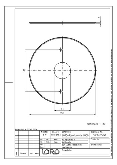 LORO X Abdeckrosette DN 50, passend für Muffen, Edelstahl