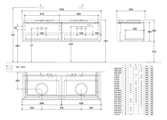 V&B Waschtischunterschrank Legato 140x38x50cm, für 2 Waschtische, mit LED-Beleuchtung, Black Matt Lacquer