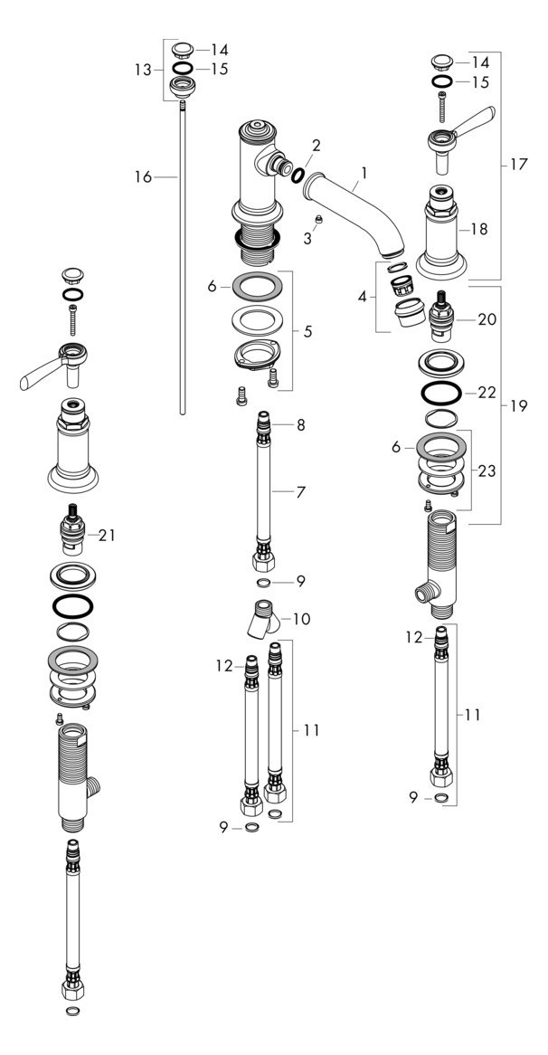 hansgrohe 3-Loch-Waschtischarmatur 30 Axor Montreux Ausladung 143mm, mit Hebelgriffe, Zugstangen-Ablaufgarnitur, brushed nickel