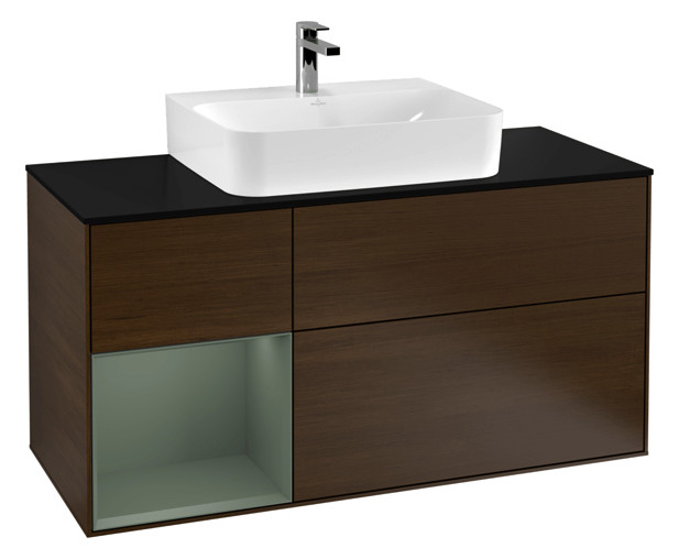 V&B Waschtisch-Unterschrank Finion 120cm, Abdeckplatte black matt, Regal links Olive Matt Lacquer, Walnut veneer