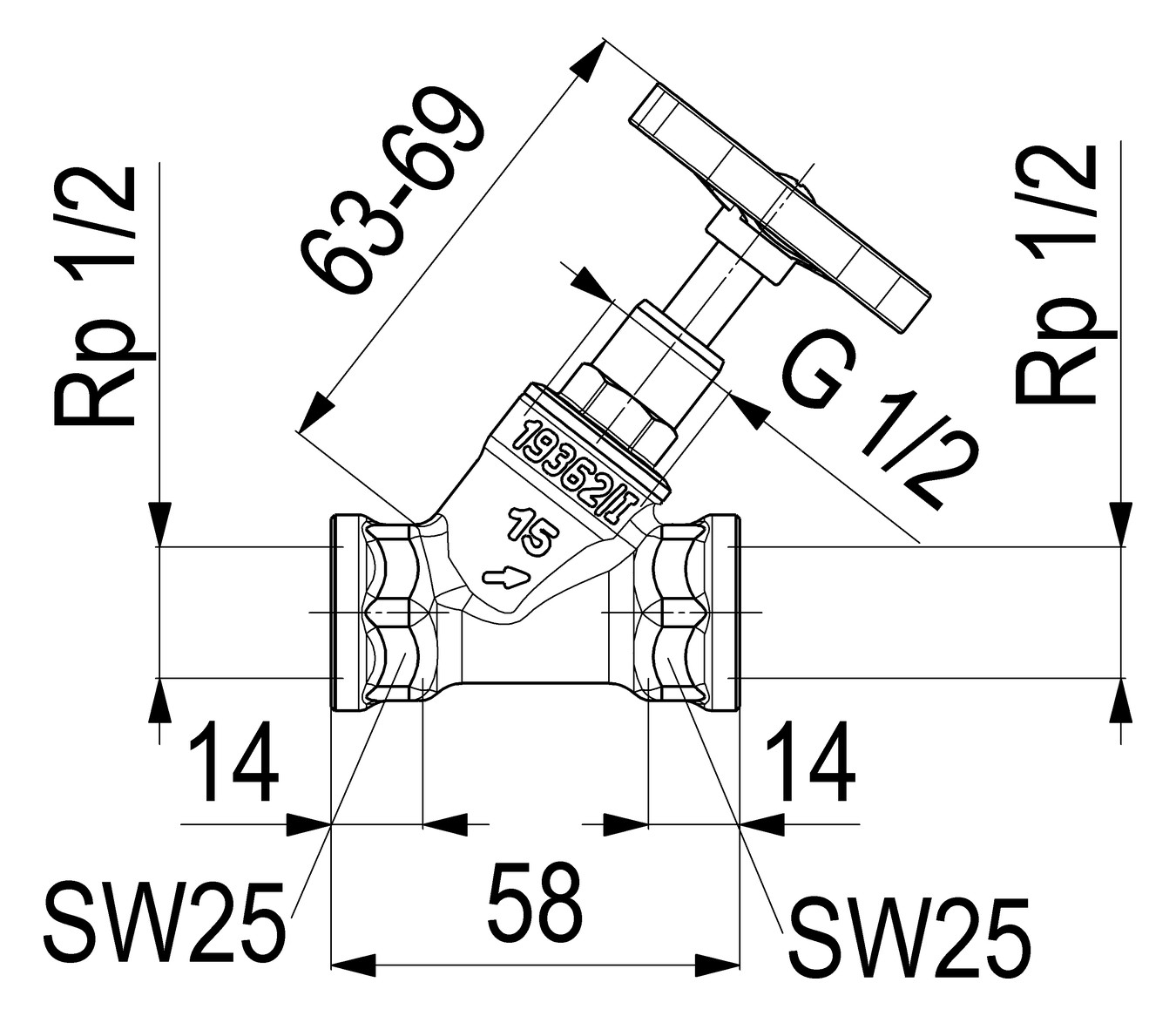 Schlösser Schrägsitzventil 1405 DN 15, Rp 1/2, ohne Entleerung, steigende Spindel
