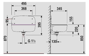 Sanit Wandausgussbecken 49,5 x 34,5 cm, granit, mit Überlauf und Spritzschutzrückwand