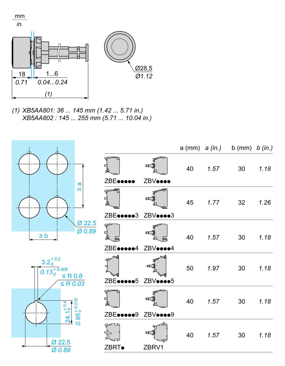 Drucktaster Front 1f bl Ø22,5mm rnd IP66 Tastend