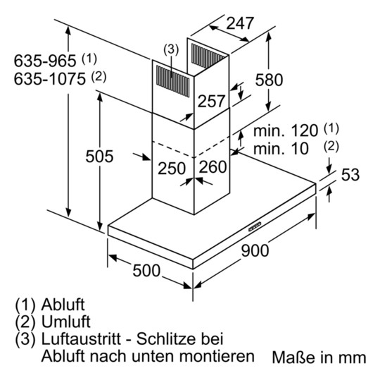 Wandesse 900mm edst B 70dB 590cbm/h LED Ø120-150mm 3st Abl/Uml T500mm