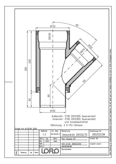 LORO Verbundrohr-Reduzier-Abzweig DN 100/70, 45°
