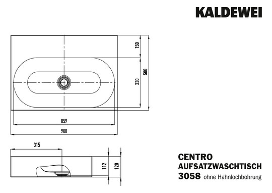 Kaldewei Aufsatz-Waschtisch CENTRO 3058, 90 x 50 x 12 cm, cool grey 90, ohne Überlauf, ohne Hahnloch