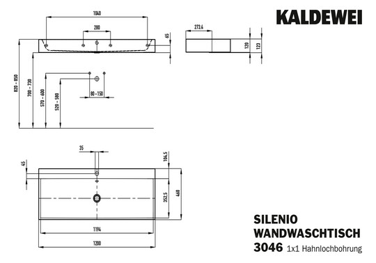 Kaldewei Wand-Waschtisch SILENIO 3046-D 3046, 120 x 46 x 12 cm, warm grey 10, mit Überlauf, mit Hahnloch