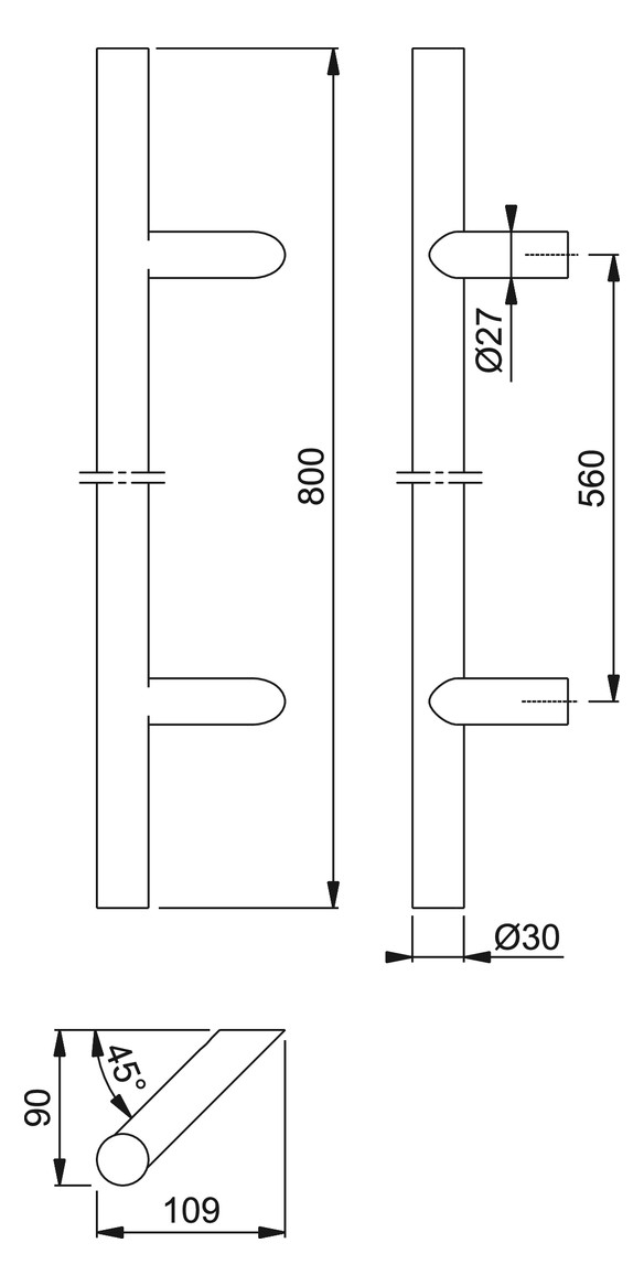 Bild HOPPE Stoßgriff E5012, BA 560mm, Breite 109mm, L 800mm, Durchmesser 30mm, verdeckt verschraubt, schwarz matt-1