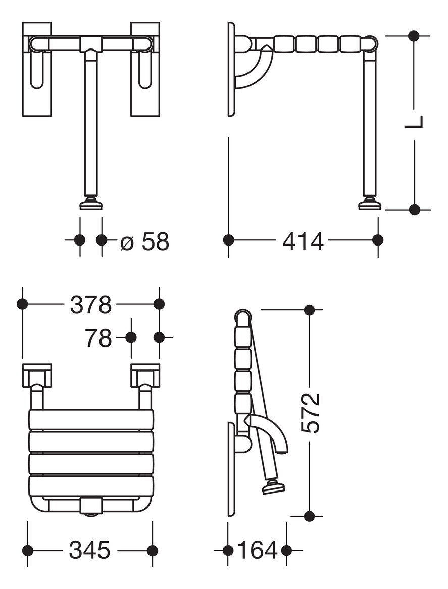 HEWI Klappsitz 801 345 x 408 mm, felsgrau, mit Bodenstütze, breitem Puffer