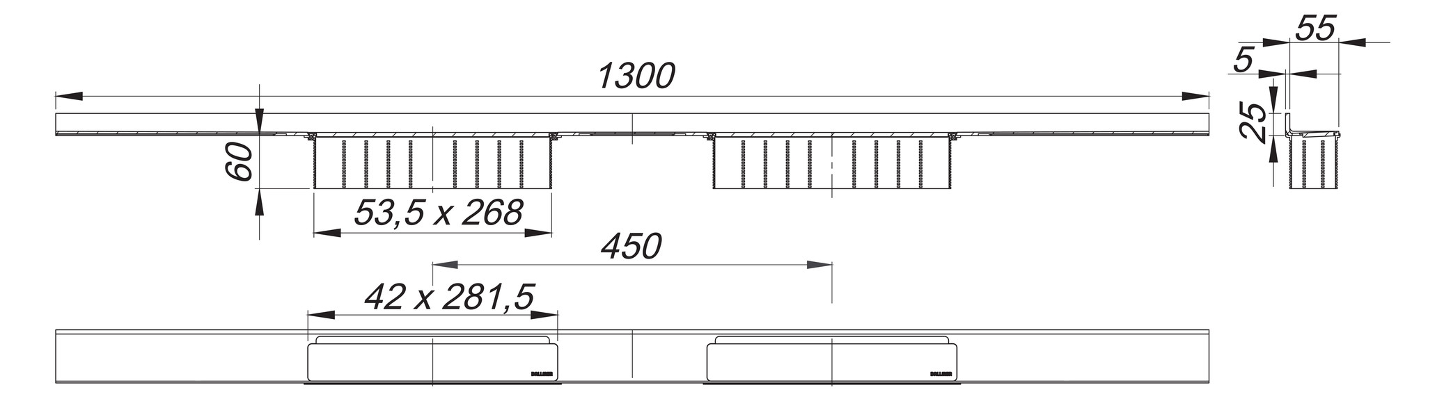 Dallmer Duschrinne CeraWall Select Duo 1300 mm, Edelstahl hochglanzpoliert