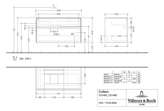 V&B Waschtischunterschrank Collaro 100x54,8x50cm, Waschtisch links, LED-Beleuchtung 7,3 W, glossy white