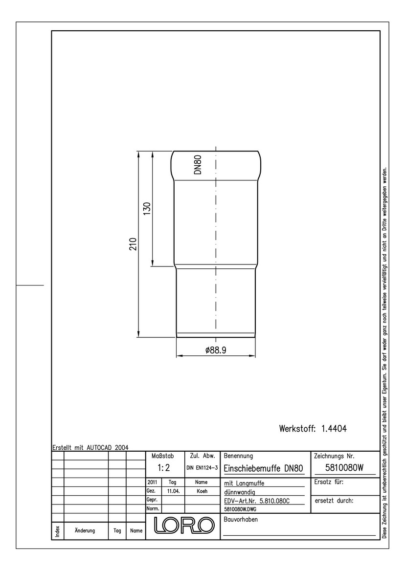 LORO XCL Einschiebmuffe DN 80, mit Langmuffe, Werkstoff 1.4404