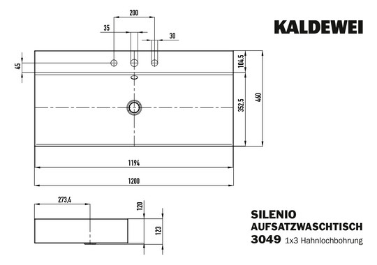 Kaldewei Aufsatz-Waschtisch SILENIO 3049, 120 x 46 x 12 cm, warm grey 10, Überlauf, 3 Hahnlöcher