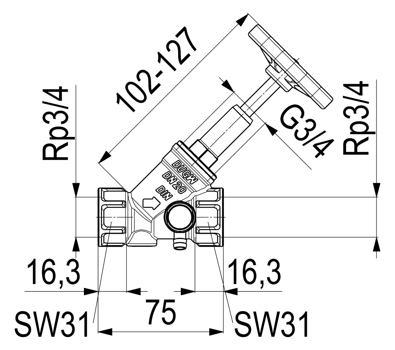 Schlösser Freistromventil 1510 DN 20, Rp 3/4, mit Entleerung, steigende Spindel