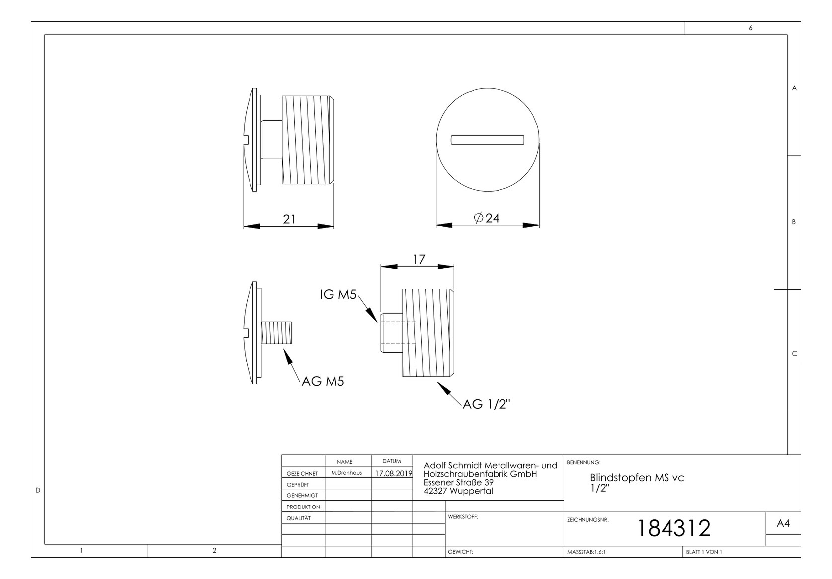 STEDO Blindstopfen 1/2", Messing verchromt