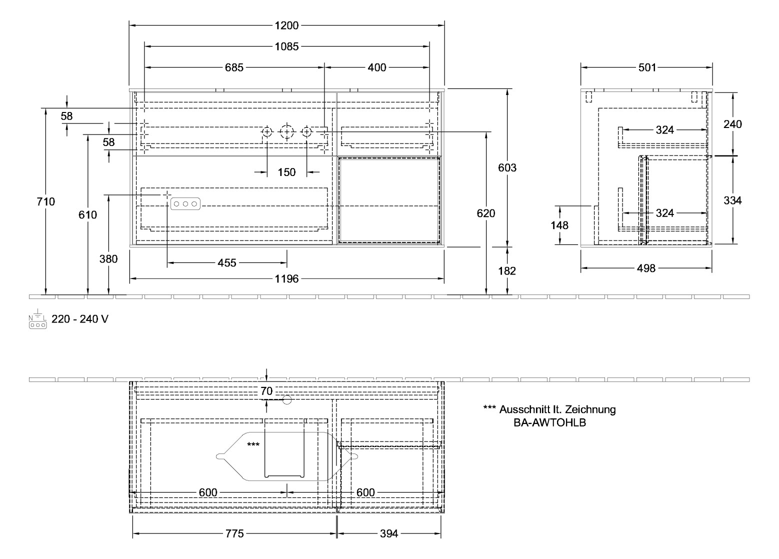 V&B Waschtisch-Unterschrank Finion 120cm, Abdeckplatte black matt, Regal rechts Peony, Walnut veneer
