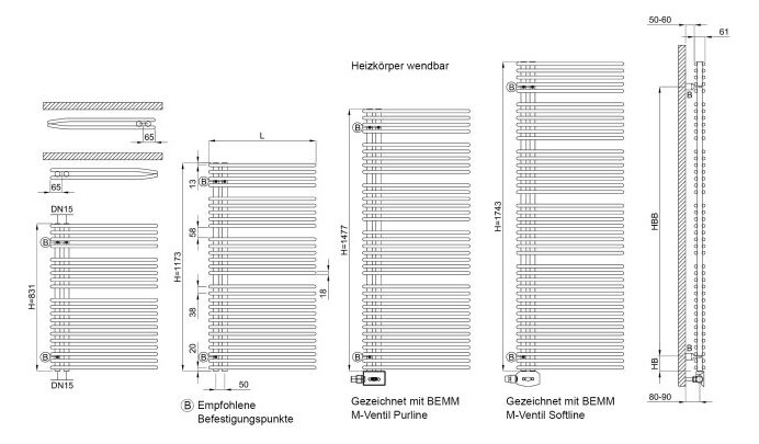 Bemm Badheizkörper Habanera 1743 x 428 mm, violett, wendbar