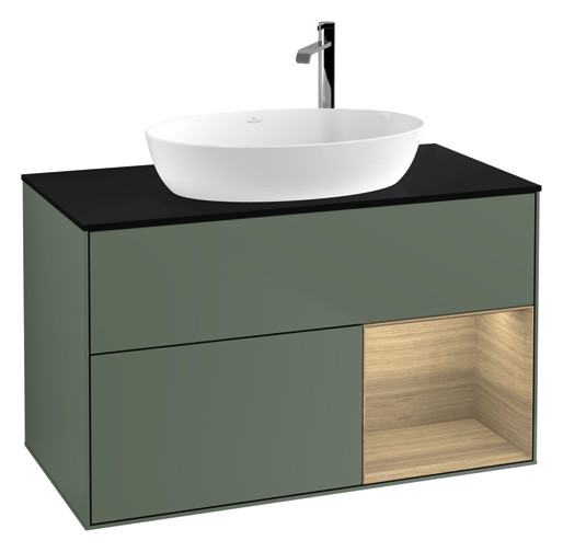 V&B Waschtisch-Unterschrank Finion 100cm, Abdeckplatte black matt, Regal Oak Veneer, Olive Matt Lacquer V&B Waschtisch-Unterschrank Finion 100cm, Abdeckplatte black matt, Regal Oak Veneer, Olive Matt Lacquer