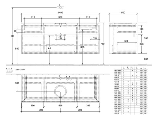 V&B Waschtischunterschrank Legato 140x55x50cm, Waschtisch mittig, mit Beleuchtung, Glossy White