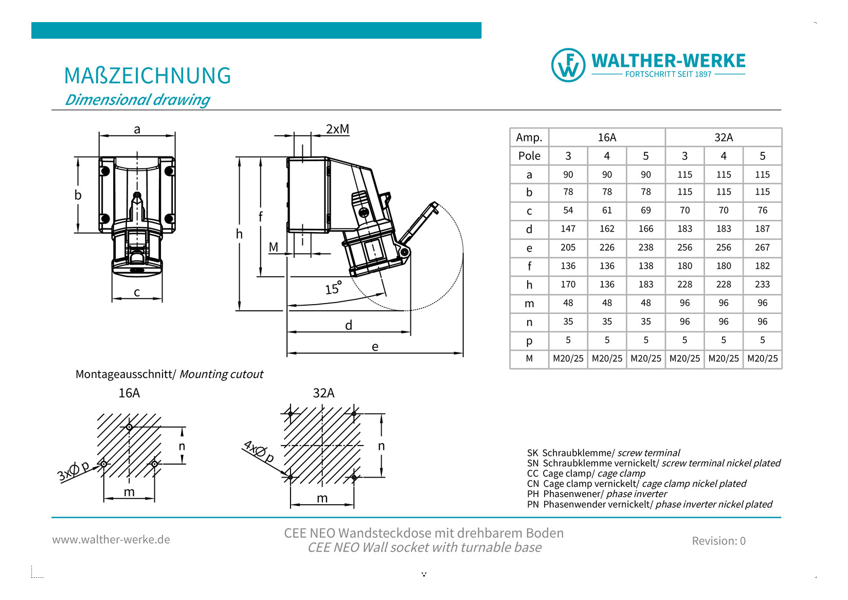 CEE-Steckdose 5p 16A 5h 600-690V/sw IP54 AP Schraubkl Kst