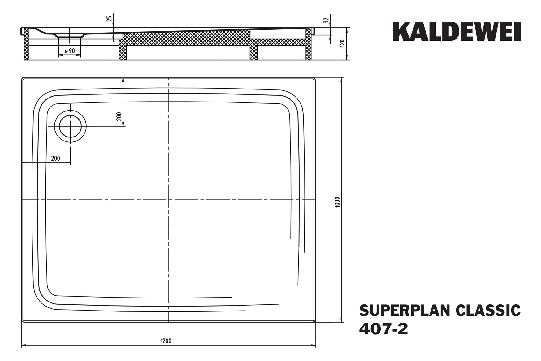 Kaldewei Duschwanne SUPERPLAN CLASSIC 407-2 100x120x2,5cm, Träger, Antislip Perl-Effekt, manhattan