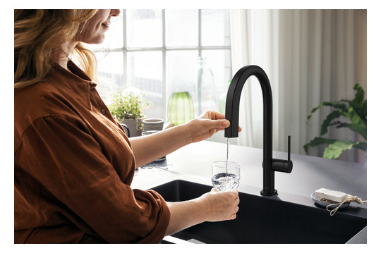 hansgrohe Spültisch-Einhebelmischer Aqittura M91 mit Ausziehauslauf, 1jet, Starter Set, mattschwarz
