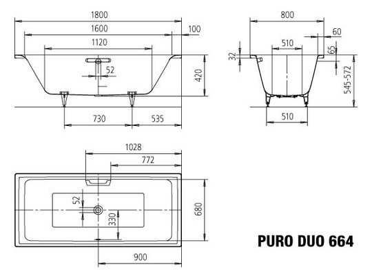 Kaldewei Badewanne PURO DUO 664 180x80cm, Überlauf mittig, Standard, weiß