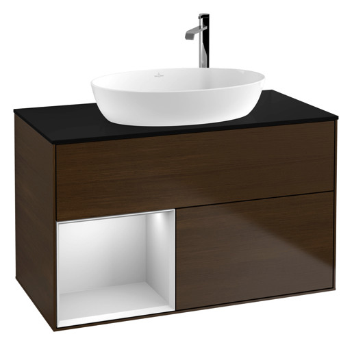 V&B Waschtisch-Unterschrank Finion 100cm, Abdeckplatte black matt, Regal White matt lacquer, Walnut veneer