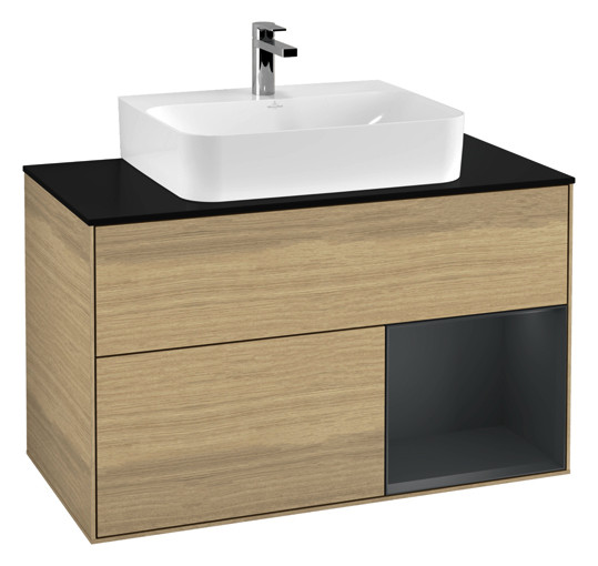 V&B Waschtisch-Unterschrank Wandbeleuchtung Finion 100cm, Abdeckplatte black matt, Regal rechts Midnight Blue Matt Lacquer, Oak Veneer