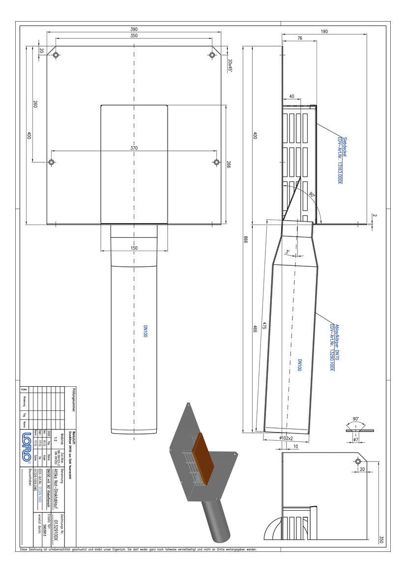 LORO Attika Direktablauf Serie 43 DN 100, Klebeflansch 90Grad, Notablauf