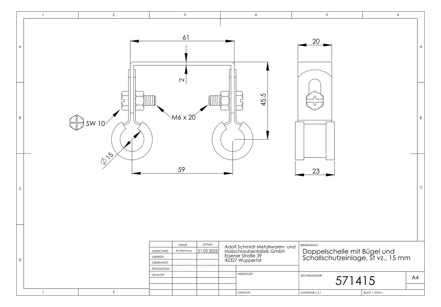 ASW Doppelschelle 22 mm, verzinkt, mit Bügel und Schallschutzeinlage