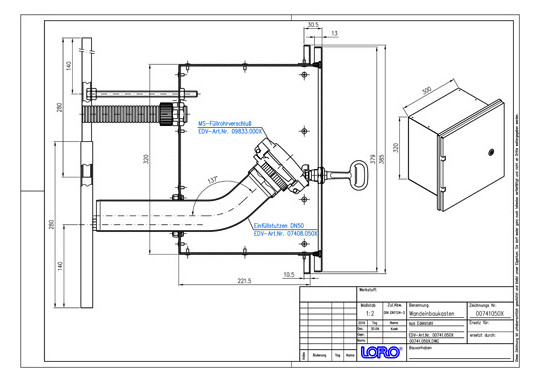 LORO X Wandeinbaukasten DN 50, mit Füllstutzen 2x2 1/2" und messing Füllrohrverschluss