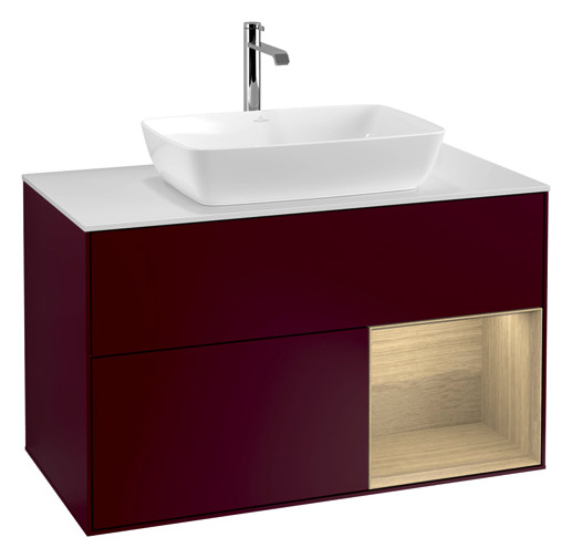 V&B Waschtisch-Unterschrank Wandbeleuchtung Finion 100cm, Abdeckplatte white matt, Regal Oak Veneer, Peony Matt