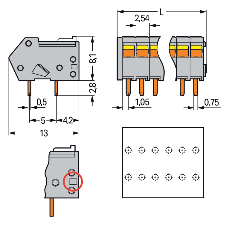 Printklemme 12f 1re rt Serie 218 RM=2,54 Federzuganschluss/Lötanschluss 0,25qmm