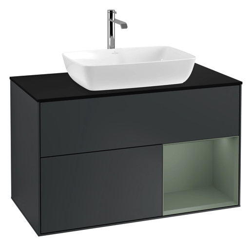 V&B Waschtisch-Unterschrank Wandbeleuchtung Finion 100cm, Abdeckplatte black matt, Regal Olive matt lacquer, Midnight Blue Matt Lacquer