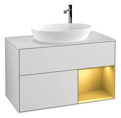 V&B Waschtisch-Unterschrank Finion 100cm, Abdeckplatte white matt, Regal Gold matt lacquer, White matt lacquer