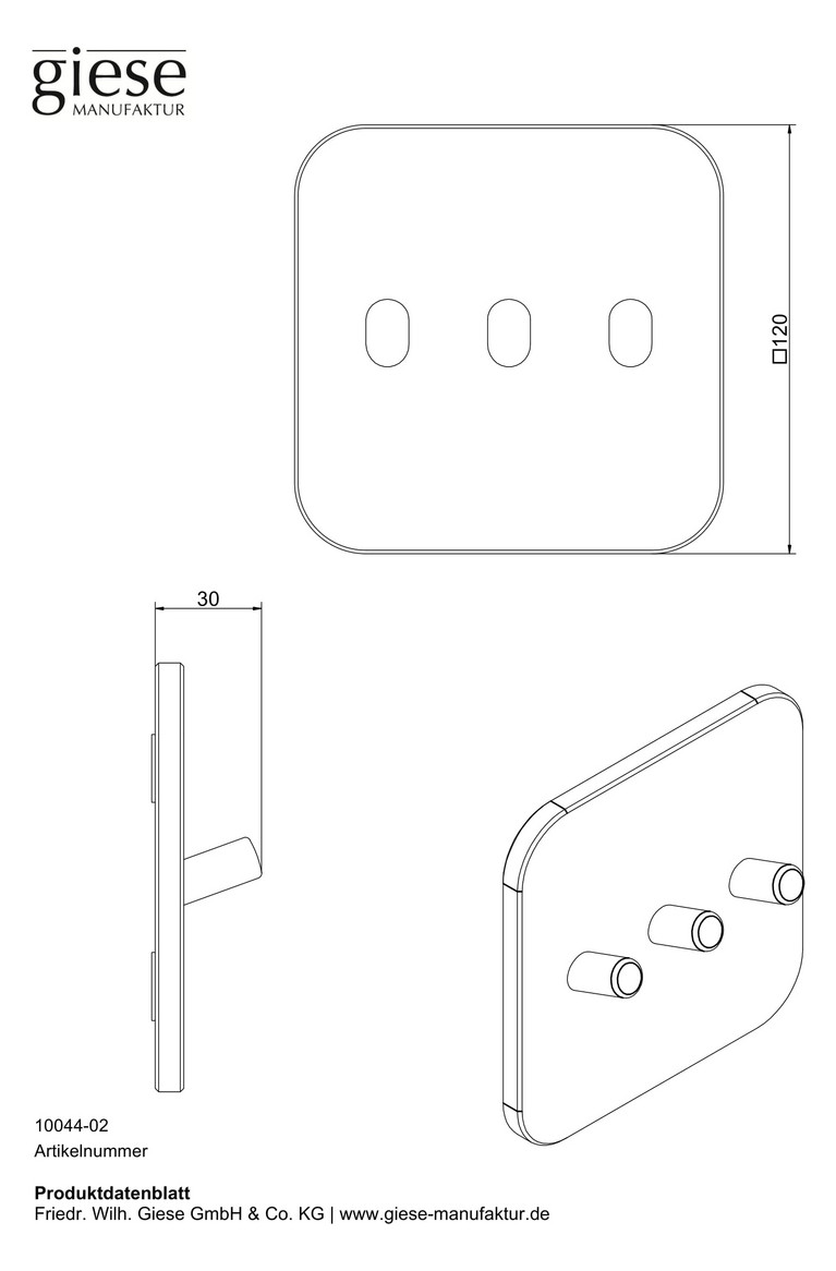 Giese Hakenleiste 3 Haken, zum Kleben mit Klebefolie, 120x120x30mm, verchromt