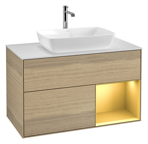 V&B Waschtisch-Unterschrank Wandbeleuchtung Finion 100cm, Abdeckplatte white matt, Regal Gold matt lacquer, Oak Veneer