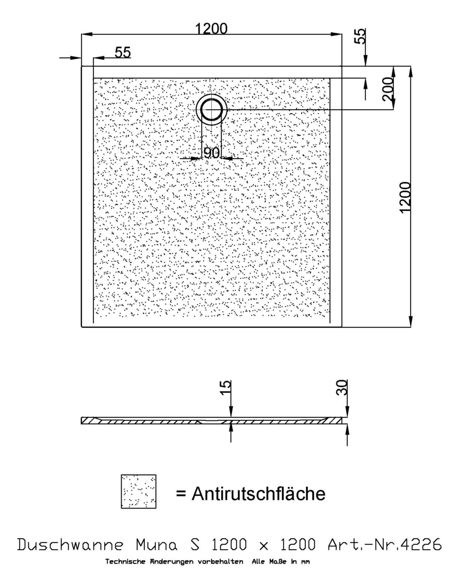 Hoesch Mineralguss-Duschwanne Muna 120 x 120 x 3 cm, weiß, Solique, Antirutsch