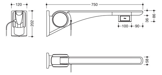 HEWI Stützklappgriff 802 LifeSystem Basic 750, anthrazit hochglanz/anthrazit matt, Spülauslösung, links