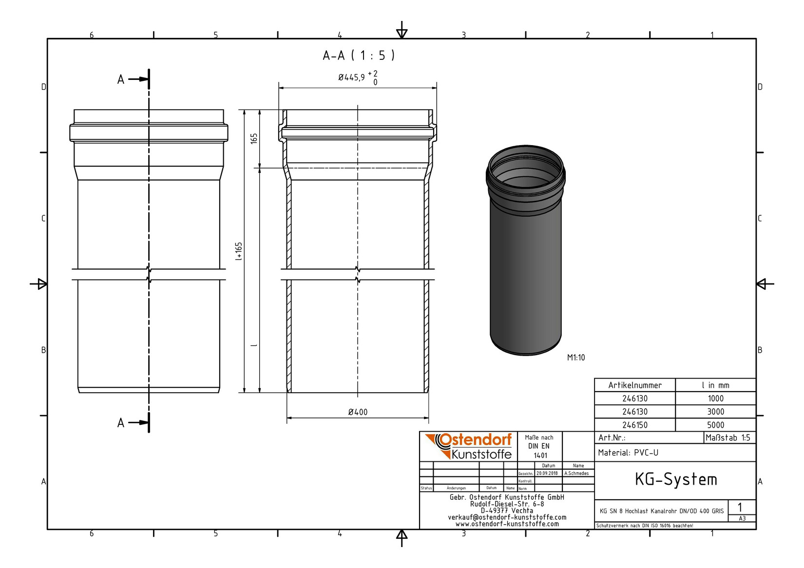 Ostendorf KG Rohr SN 8 EM DN/OD 400, 5000 mm, mit Steckmuffe/Lippendichtung