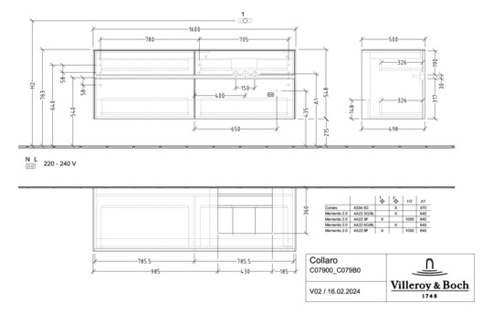 V&B Waschtischunterschrank Collaro 160x54,8x50cm, Waschtisch rechts, LED-Beleuchtung 12W, white wood