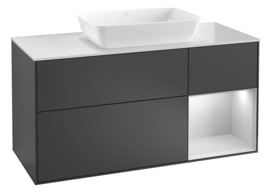 V&B Waschtisch-Unterschrank Wandbeleuchtung Finion 120cm, Abdeckplatte black matt, Regal Black matt lacquer, Glossy white lacquer