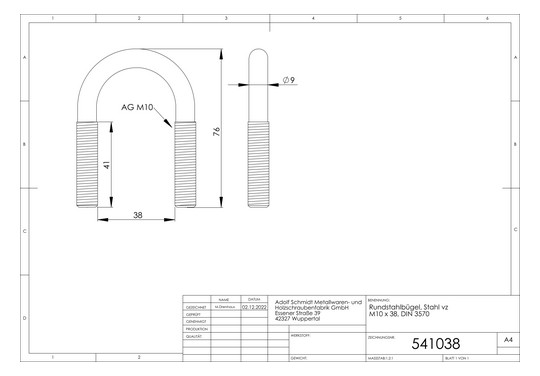 ASW Rundbügel M 10 x 38 mm, Stahl verzinkt
