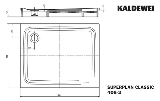 Kaldewei Duschwanne SUPERPLAN CLASSIC 405-2 90x110x2,5cm, mit Träger, Perl-Effekt, schwarz