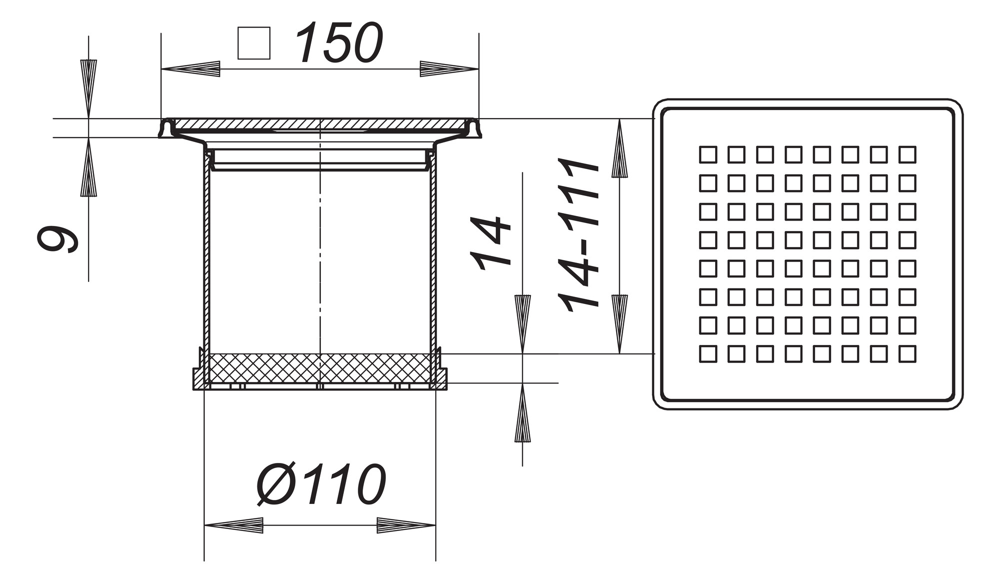 Dallmer Aufsatz Quadra S 10/150 Serie 10 150 x 150 mm, Edelstahl, Design-Rost, massiv 5mm