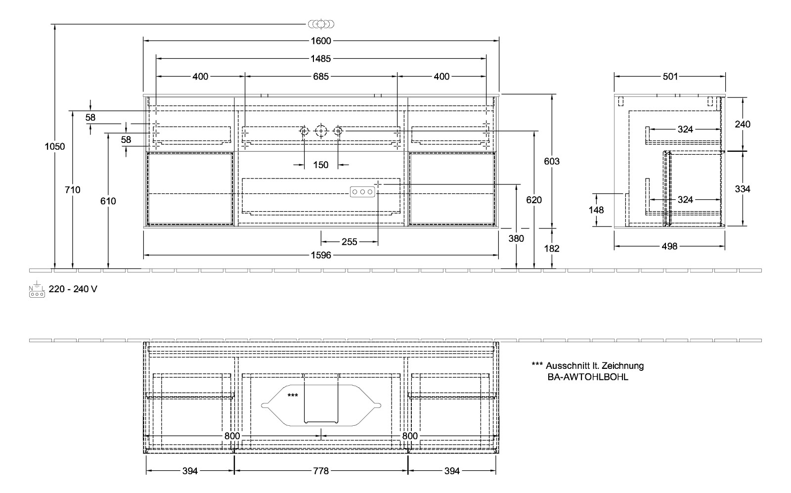 V&B Waschtisch-Unterschrank Finion 160x60,3x50,1cm, Regal Walnut Veneer, White matt lacquer