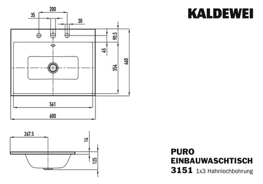 Kaldewei Einbau-Waschtisch PURO 3151, 60 x 46 cm, warm grey 60 Perl-Effekt, mit Überlauf, 3 Hahnlöcher